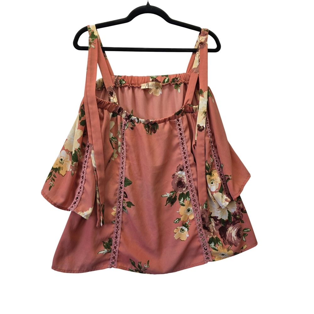 Penelope Womens Floral Cold Shoulder Tie Strap Blouse Pink Boho Crochet Large